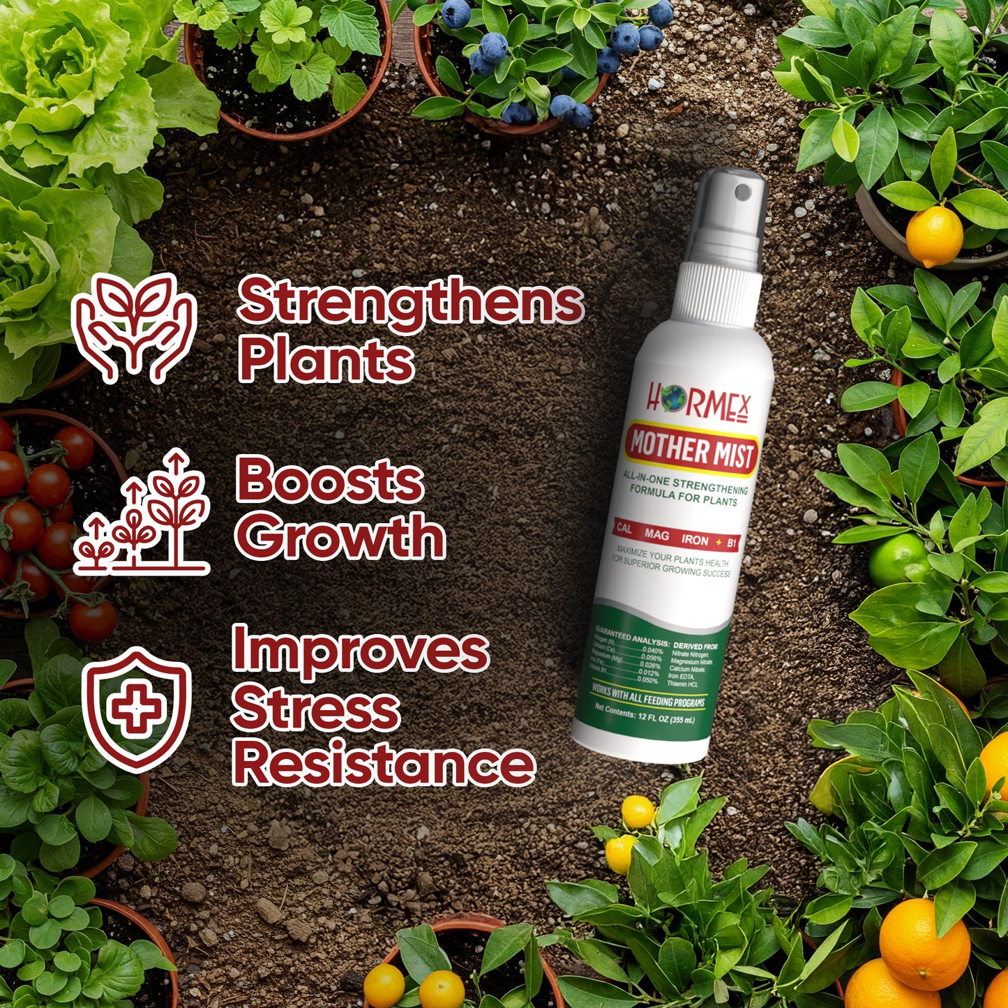 Hormex Mother Mist - Cal-Mag-Iron + B1 Misting Spray for All Plant Varieties - Boost Growth, Strengthen Plants & Improve Cloning Success - Nutrient Mist for Houseplants, Flowers, Vegetables & More