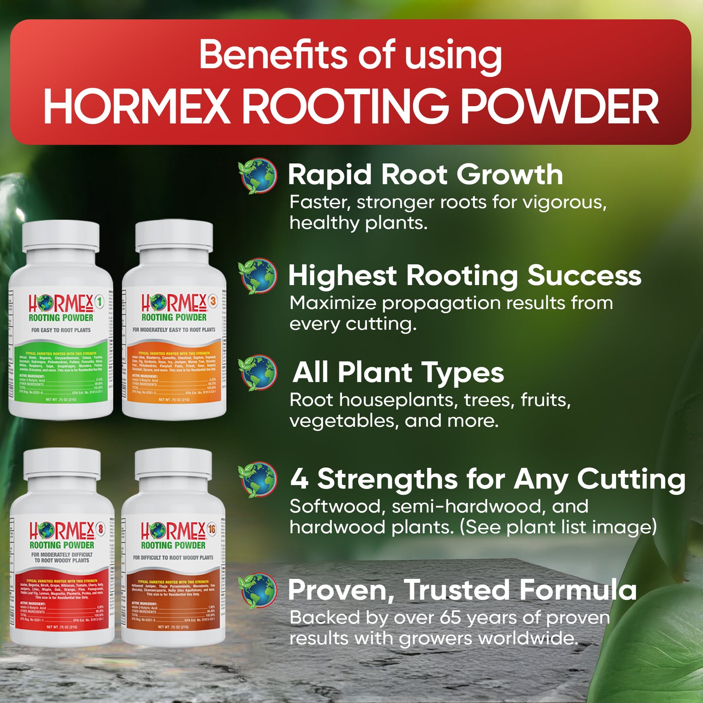 Hormex Rooting Powder Pack #1, 3, 8, 16 - Rooting Hormone for Delicate and Common Houseplants to Hardwood, Medicinal Plants and Tree Cuttings