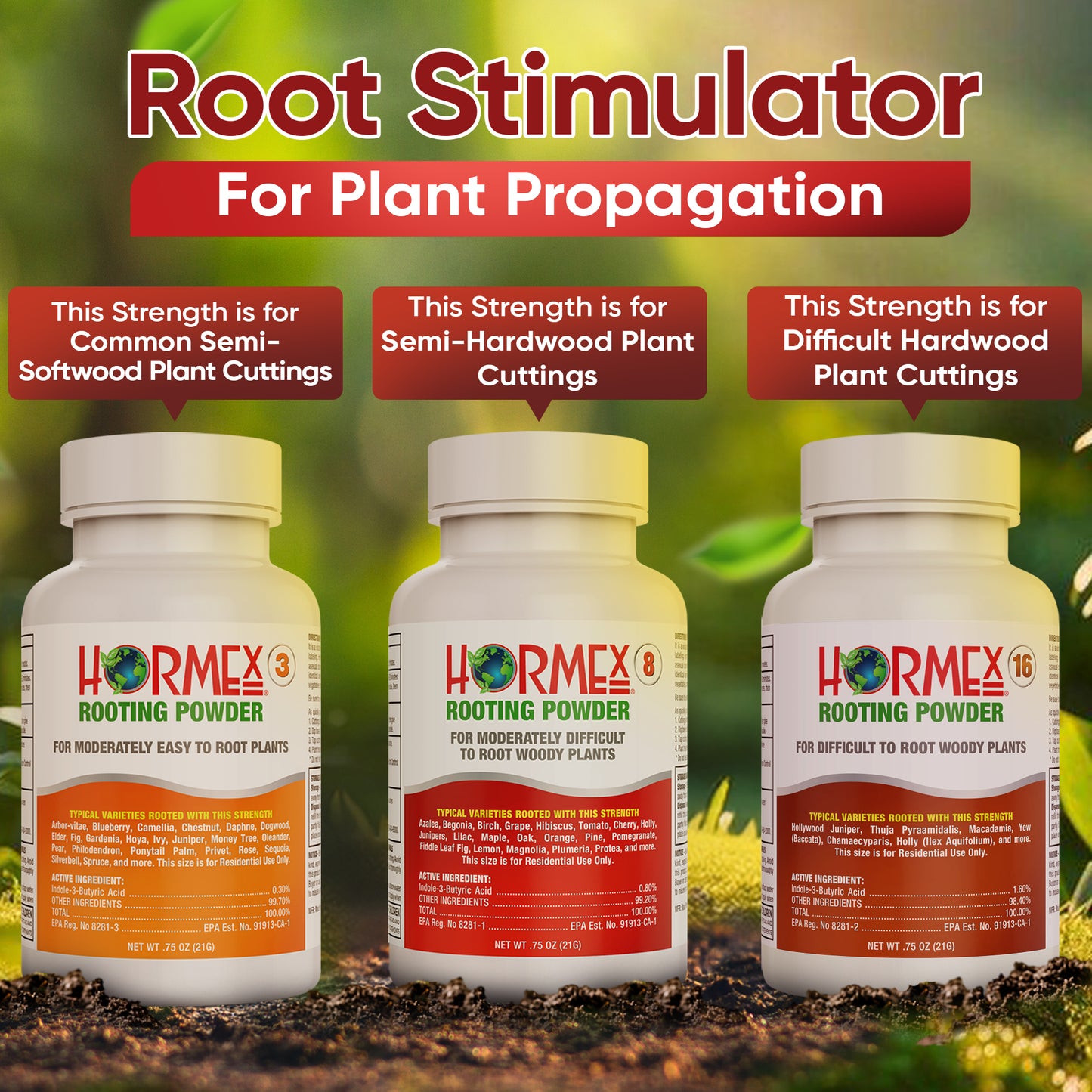 Hormex Rooting Powder Pack #3, 8, 16 - Rooting Hormone for Common Home Garden Plants to Very Difficult Hardwood, Medicinal and Tree Cuttings