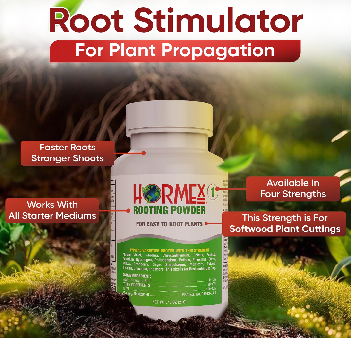 Hormex Rooting Powder #1 (0.10 IBA) - Rooting Hormone for Delicate Houseplants, Garden Herbs & Succulent Cuttings