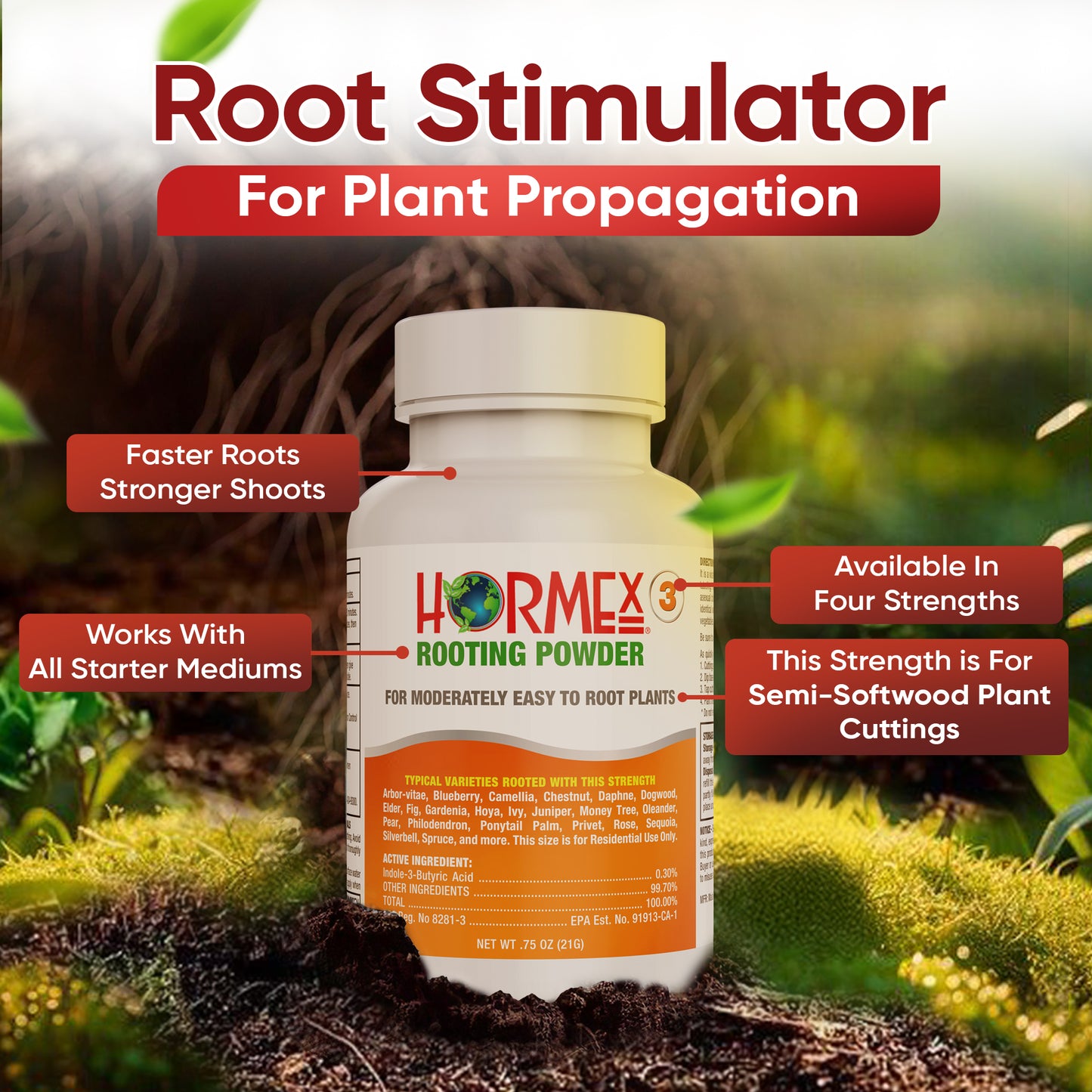 Hormex Rooting Powder #3 (0.30 IBA) - Rooting Hormone for Common Home & Garden Plant Cuttings