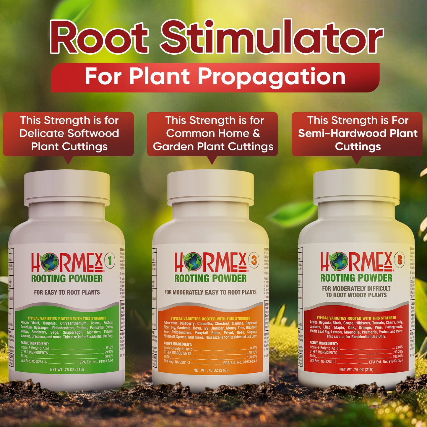 Hormex Rooting Powder Pack #1, 3, 8 - Rooting Hormone for Delicate and Common Houseplants to Semi-Hardwood, Medicinal Plants and Tree Cuttings
