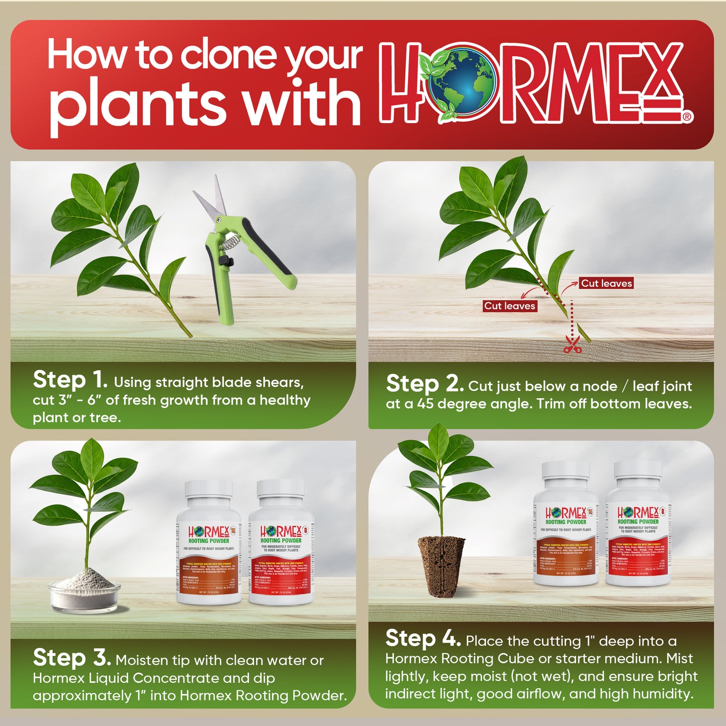 Hormex Rooting Powder #8 & 16 - Rooting Hormone for Semi-Hardwood Home and Garden Plants to Very Difficult Hardwood, Medicinal and Tree Cuttings