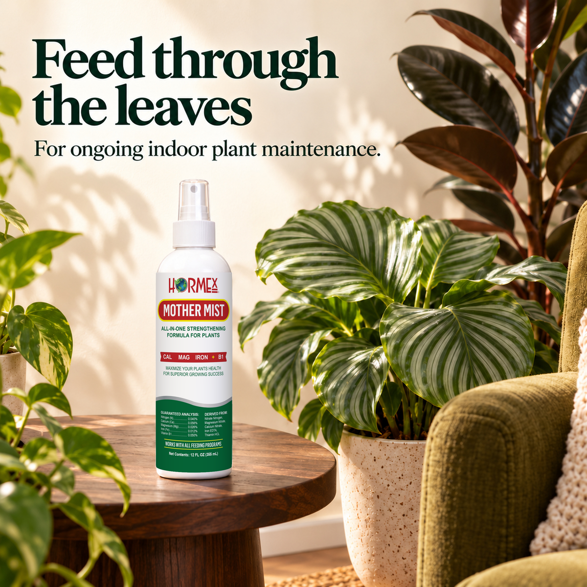 Hormex Mother Mist lifestyle image, showing the bottle among healthy indoor plants