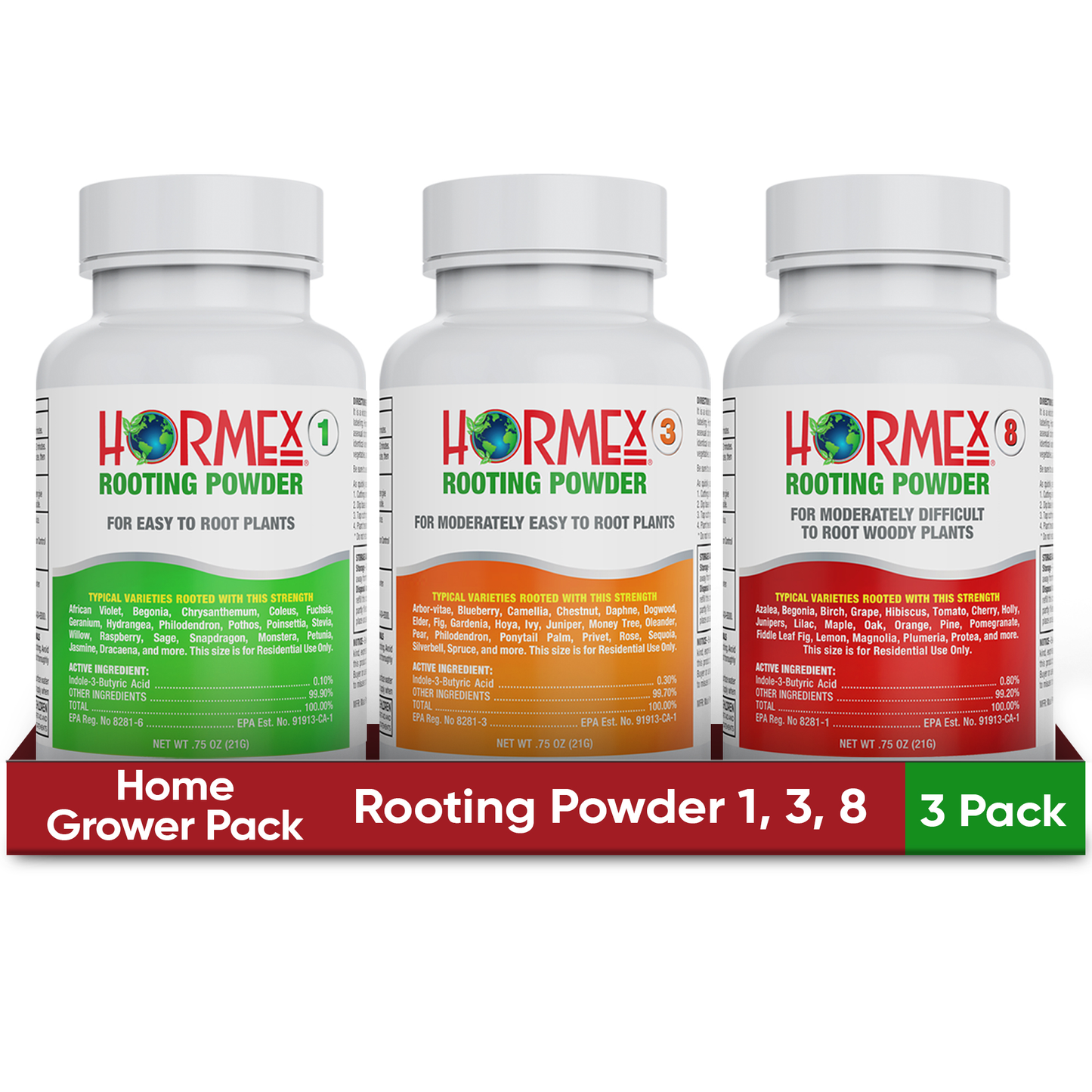 Hormex Rooting Powder Pack #1, 3, 8 - Rooting Hormone for Delicate and Common Houseplants to Semi-Hardwood, Medicinal Plants and Tree Cuttings