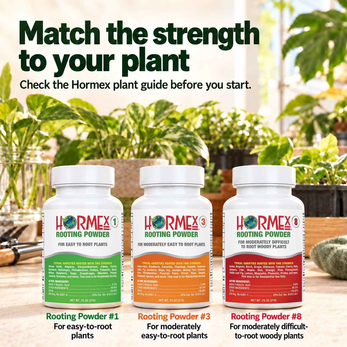 Hormex Rooting Powder Variety Pack #1, #3 & #8 - Three 3/4 oz Bottles