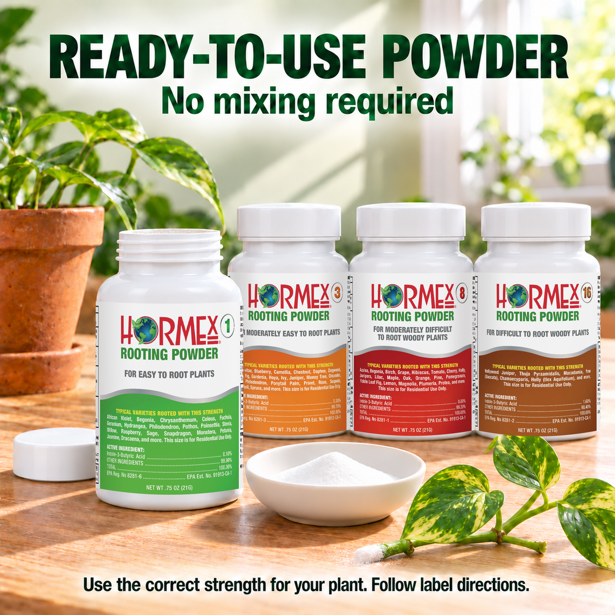 Hormex Rooting Powder Variety Pack #1, #3, #8 & #16 - Four 3/4 oz Bottles