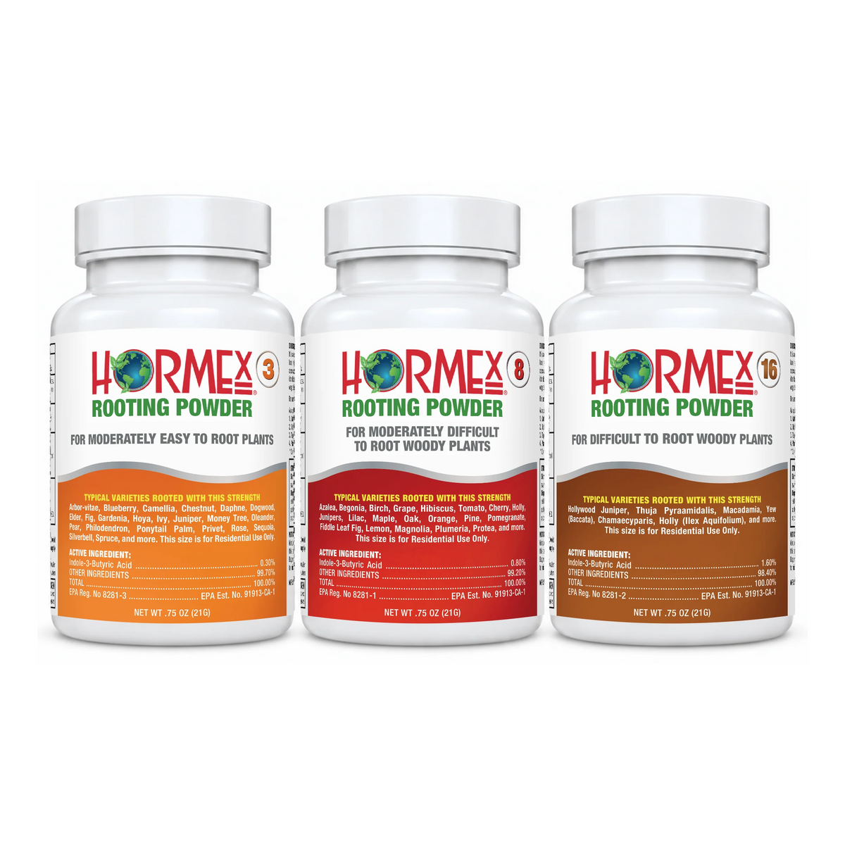 Hormex Rooting Powder Variety Pack #3, #8 & #16 - Three 3/4 oz Bottles