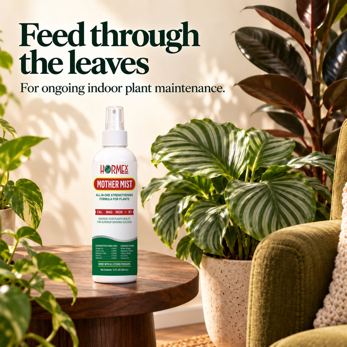Hormex Mother Mist lifestyle image, showing the bottle among healthy indoor plants