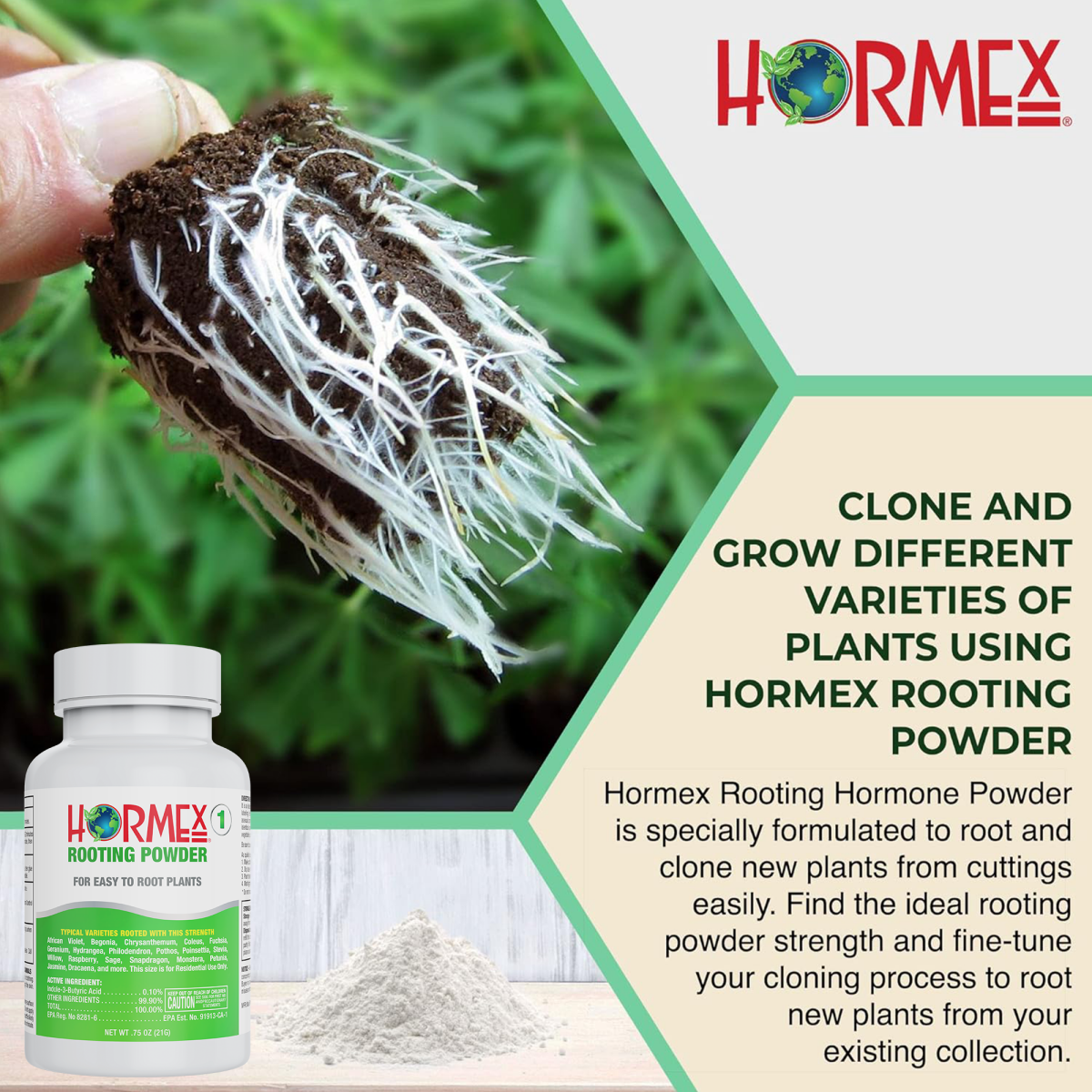 Hormex Rooting Powder #1 (0.10 IBA) - Rooting Hormone for Delicate Houseplants Garden Herbs & Succulent Cuttings