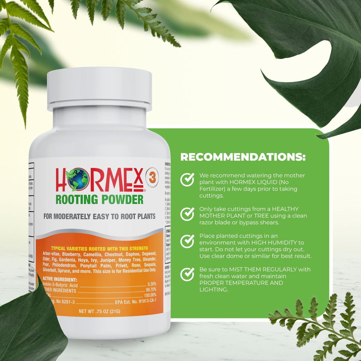 Hormex Rooting Powder #3 (0.30 IBA) - Rooting Hormone for Common Home & Garden Plant Cuttings - Plant Suppliments