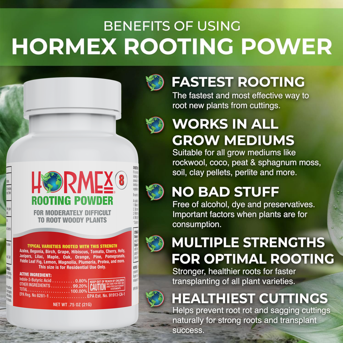 Hormex Rooting Powder #8 (0.80 IBA) - Rooting Hormone for Semi-Hardwood Houseplants Medicinal & Tree Cuttings - Plant