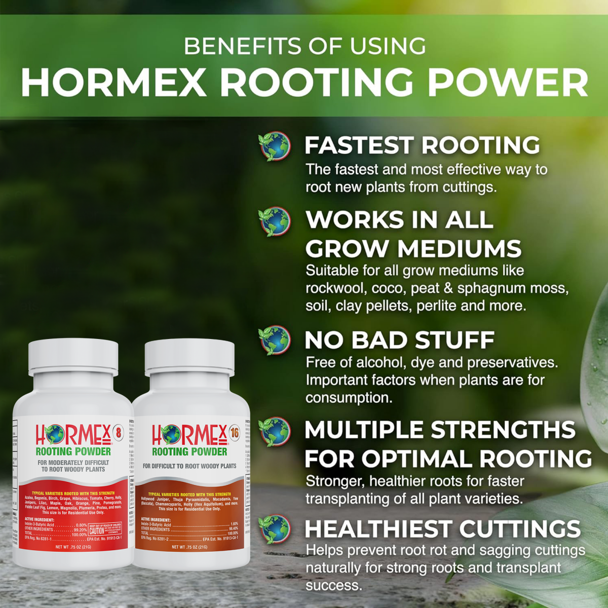 Hormex Rooting Powder #8 & 16 - Rooting Hormone for Semi-Hardwood Home and Garden Plants to Very Difficult Hardwood